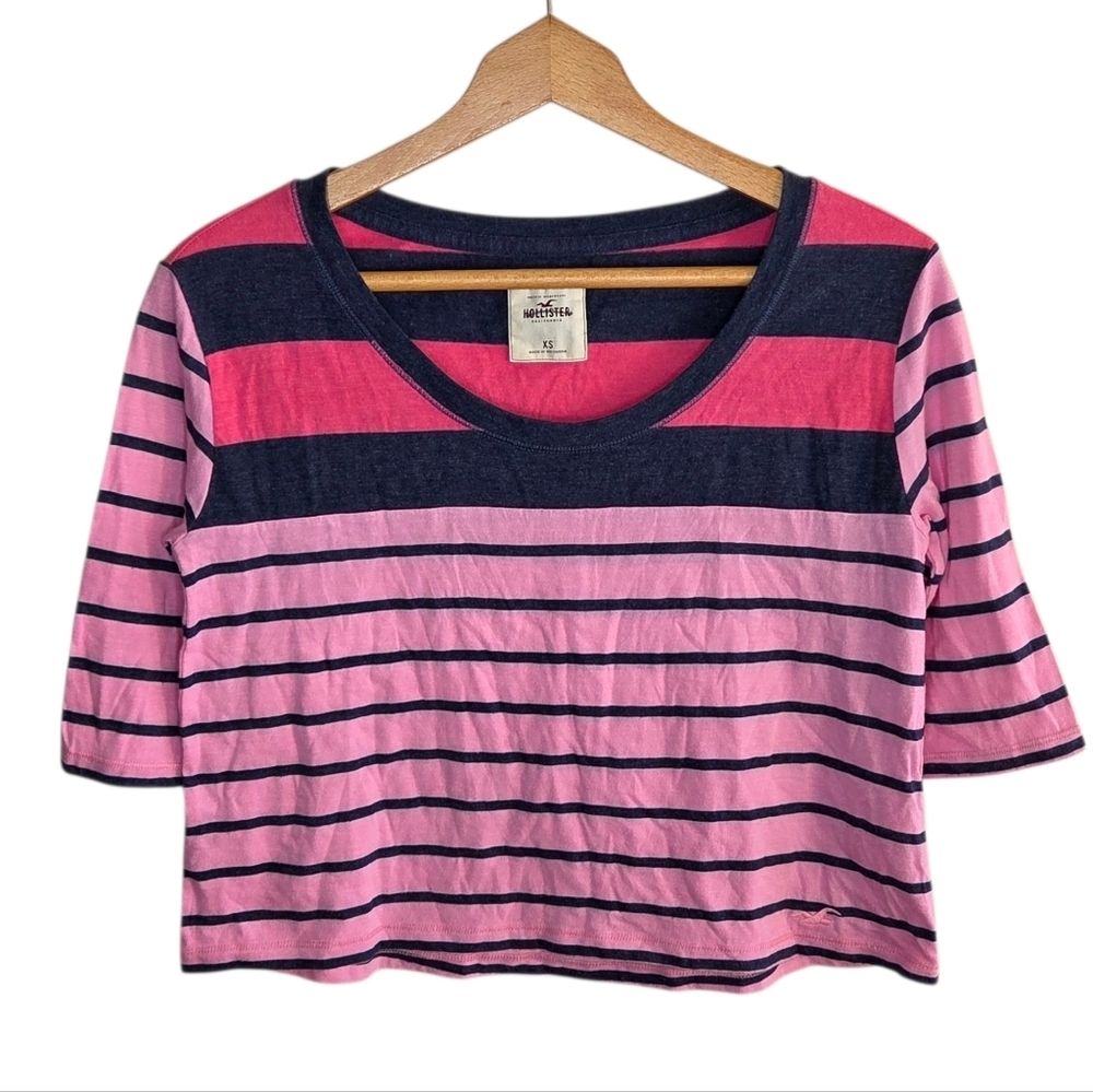 Y2K Hollister Pink & Navy Striped 3/4 Sleeve Cropped Tee Size XS